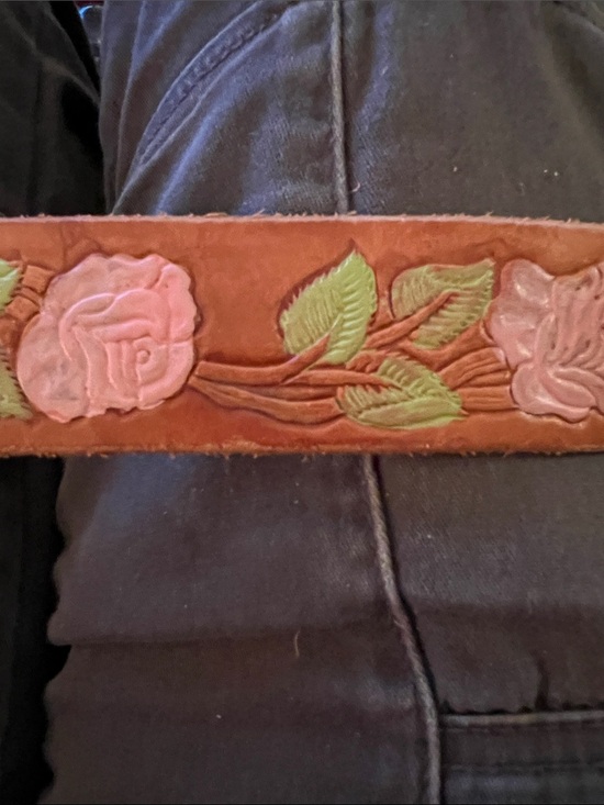 ESCADA Collaboration Women’s Hand Painted Tan Leather Belt Metal Rose Buckle 32 main image 11